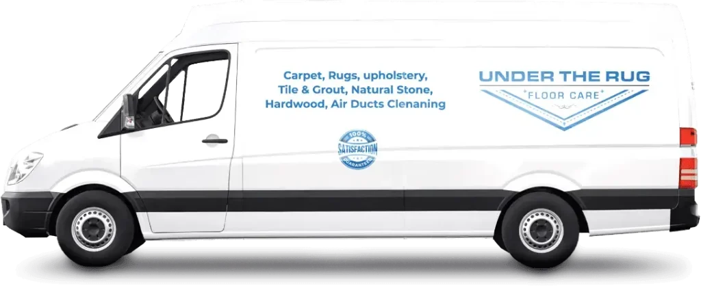 Under the Rug Floorcare service van featuring carpet cleaning, rug cleaning, upholstery cleaning, tile and grout cleaning, natural stone care, hardwood floor cleaning, and air duct cleaning services in San Diego.