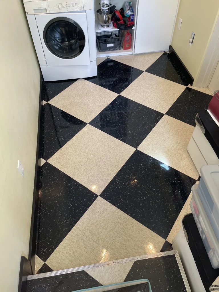 Finished high gloss polished black and white checkered commercial flooring
