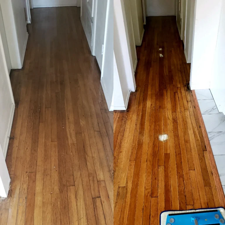 Before and after professional wood floor cleaning and deep finish restoration