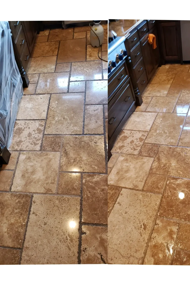 Honed and polished travertine stone tile floor restoration in San Diego